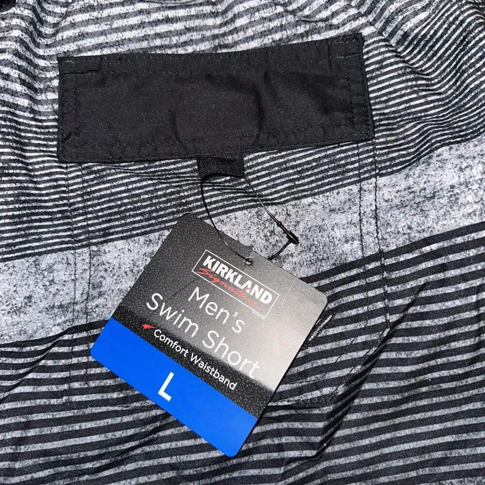 Kirkland Signature Men's Stretch Swim Shorts, Grey/Black Stripes Size Large NWT